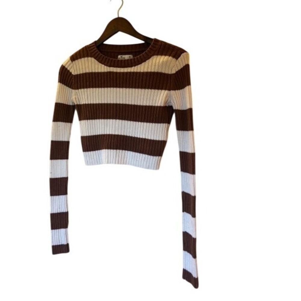 Hollister Brown White Striped Ribbed Knit Cropped Sweater Women's XS Long Sleeve